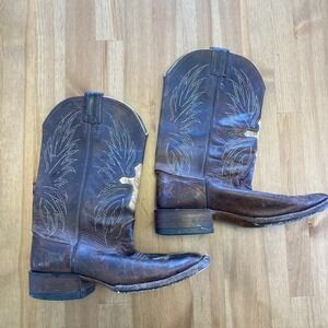 LARRY MAHAN Cowboy Boots Brown Square Toe Calf Hair Cross Mens Size 6.5B Western
